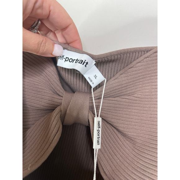 NWT Self Portrait Ribbed Knit Bow Bust Flared Sleeve Cut Out Top Brown Size: XL - Picture 4 of 10